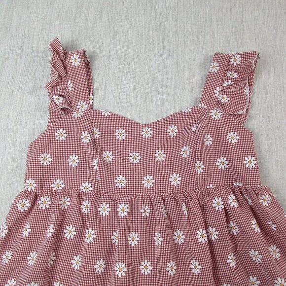 Shein A-Line Dress‎ Red Gingham Daisy Printed Pleated Sleeveless Casual Pullover - Picture 3 of 10